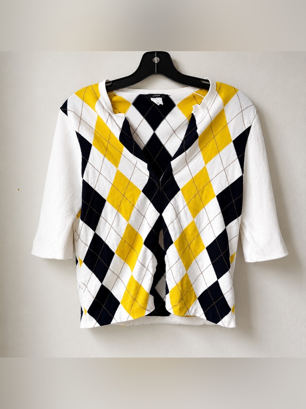 Vintage Y2K J. Crew argyle pattern cardigan 3/4 length sleeves 100% cotton M